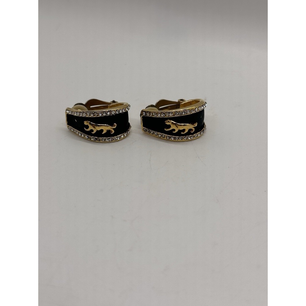Vintage Gold Black Panther Clip-On Earrings Rhinestone‎ Enamel Statement